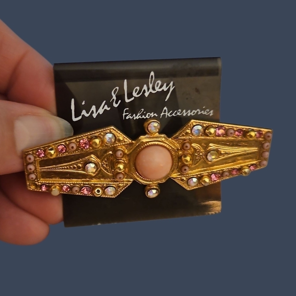 3/$30 Vtg LISA & LESLEY Pink Aurora Borealis Rhinestone Art Deco Brooch